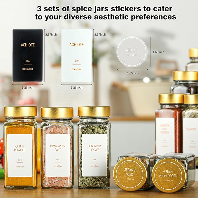 Gold Spice Jars with Label，4oz Seasoning Containers, Glass Spice Bottles with Shaker Lids,Funnel, Chalk Pen for Cabinet，Drawer，Rack (48)