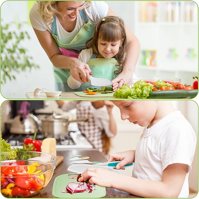 Kids Knifes Set,Children's Nylon Knives Safe Baking Real Cutting Cooking Childrens Knife Beginners Plastic Cut Fruits Salad Fun Firm Grip Toddler Chopping Friendly With Board Peeler 5Pack (green)