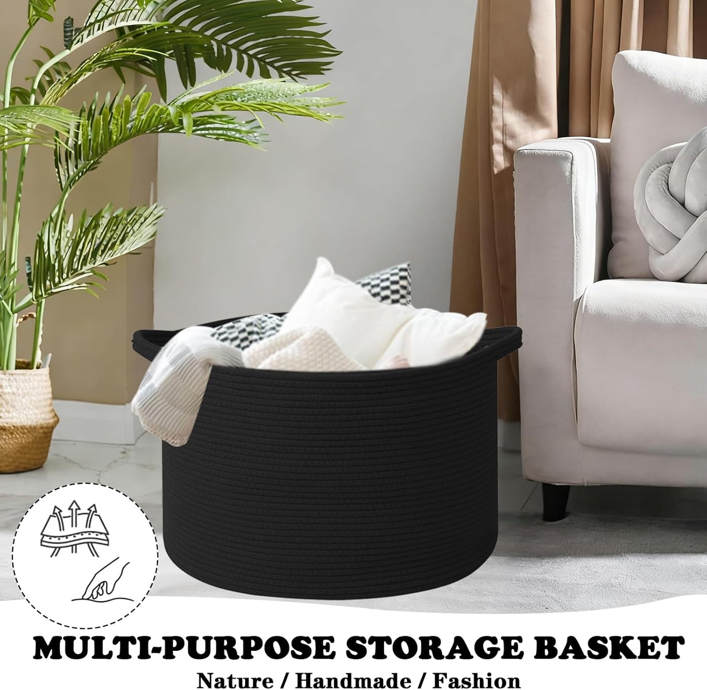 Large Blanket Basket for Organizing,65L Closet Organizers and Storage Bins Box for Shelves Woven Rope Storage Baskets,Living Room,Bedroom,Dorm,Laundry room (Black)