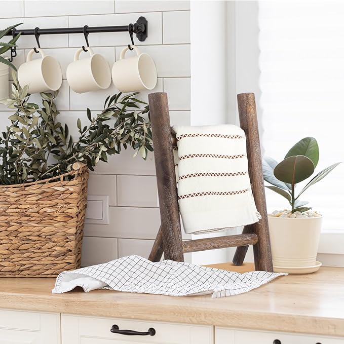 Cinnvoice 2 Pcs Wooden Tea Towel Ladder Rustic Hand Towel Stand Rack Mini Countertop Towel Stand Farmhouse Wood Counter Towel Holder for Bathroom Country Kitchen Office(Wood Color)