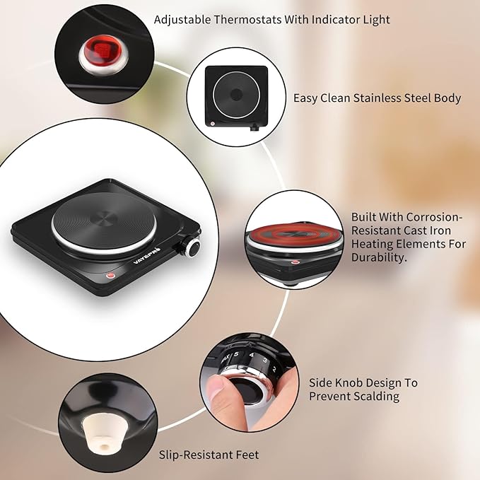 Vayepro 1500W Hot Plate, Portable Electric Stove, Single Electirc Cooktop, Portable Burner for Cooking, Cooktop for Dorm Office Home Camp, UL Listed, Compatible with All Cookware