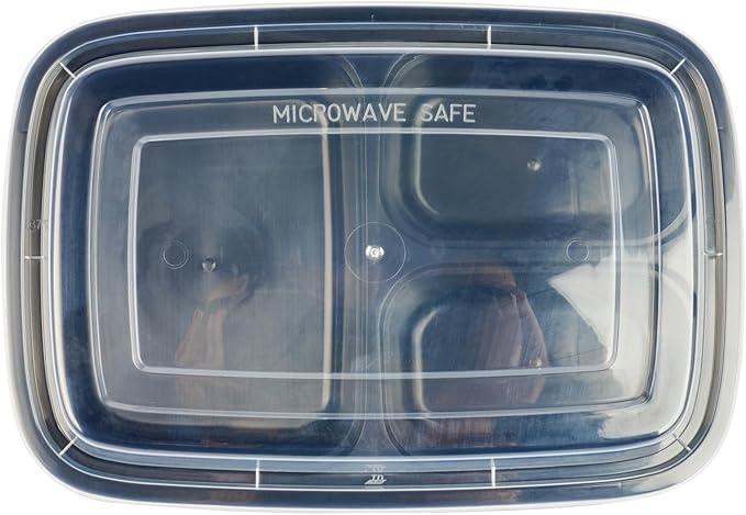Restaurantware Asporto 26 Ounce Compartment Take Out Boxes 100 Microwavable Meal Prep Containers - 3 Compartments With Clear Plastic Lids Black Plastic Food Containers Do Not Contain BPA