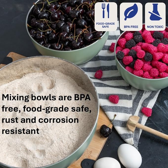 WHYSKO Stainless Steel Mixing Bowls Set of 3 with Non-Slip Silicone Base, Nesting Metal Bowls for Meal Prep, Baking, Cooking & Food Storage, Dishwasher Safe Kitchen Mixing Bowls, Green