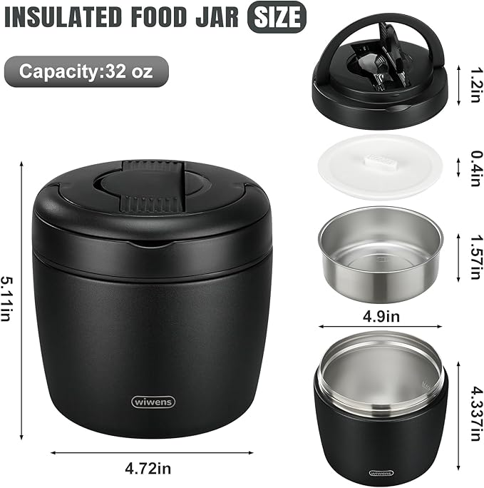 wiwens Thermo Food Jar for Hot Food Adults 32OZ Soup Thermo Lunch Containers Wide Mouth Vacuum Insulated Stainless Steel Leakproof Bento Box with Spoon (Black)