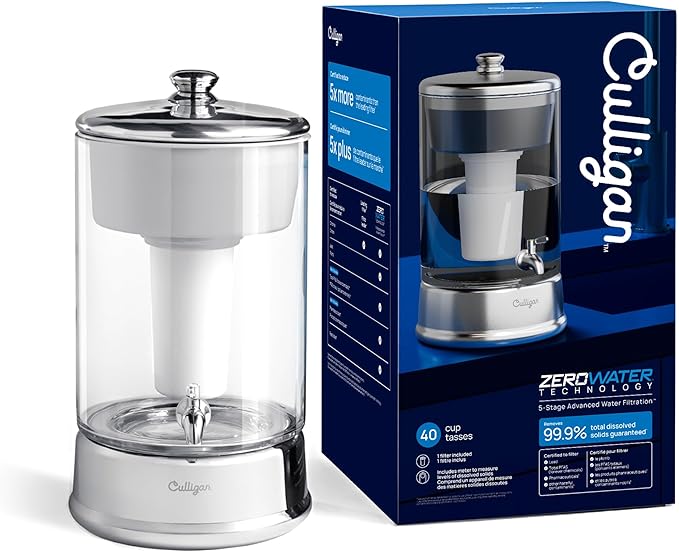 Culligan with ZeroWater Technology 40-Cup Glass Water Filter Dispenser – Includes 5-Stage Advanced Water Filter, Certified to Reduce Lead, Total PFAS (Forever Chemicals), Fluoride, and Chlorine