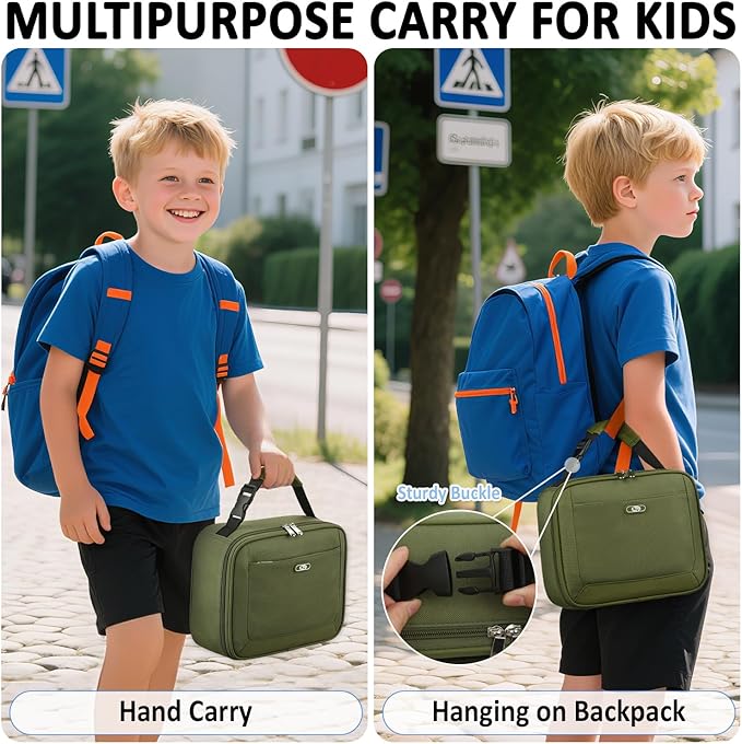 Lunch Box Kids Insulated Lunch Bag for Boys Girls Cute Reusable Lunch Tote Bag Waterproof Portable Thermal Lunch Box Kids for School Picnic Travel Green