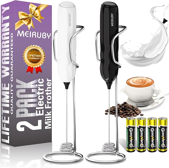 MEIRUBY 2-Pack Milk Frother Handheld with Stand, Valentines Day Gifts for Him and Her, Powerful Electric Coffee Frother, Coffee Lover Gift for Lattes, Cappuccino, Matcha & Hot Chocolate, Black/White