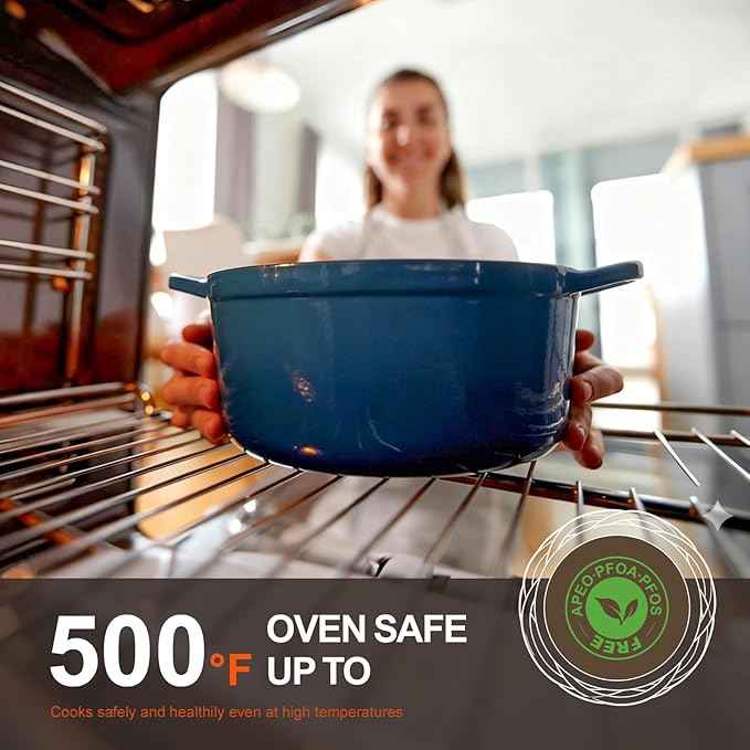 Overmont Refined Enameled Cast Iron Dutch Oven - 5.5QT Pot with Wide Handles Lid Cookbook & Cotton Potholders - Heavy-Duty Pre-Seasoned Cookware Oven Safe to 500°F for Braising, Stews, Roasting, Bread Baking