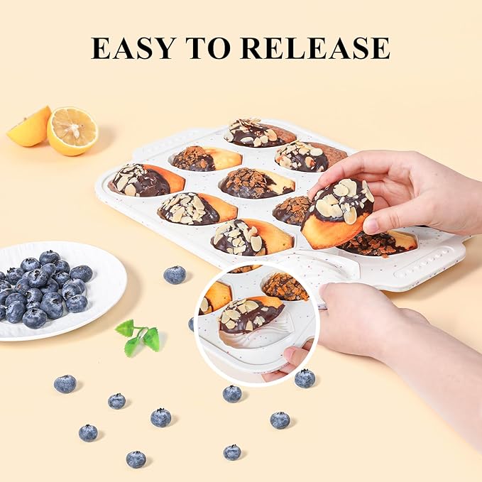 Vinino 2-Pack Silicone Madeleine Pan with Metal Reinforced Frame, 12-Cavity Shell Shape Madeleine Mold with Non-Slip Handle, Nonstick Madeleine Cookie Trays for Oven, BPA Free, Dishwasher Safe- Cream