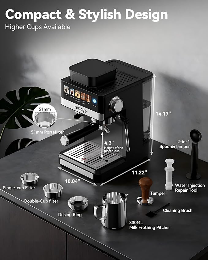 Espresso Machine with Grinder,20Bar Compact Espresso Maker with Steam Milk Frother,Coffee Maker for Home - Cappuccino Latte & Cold Brew Iced Coffee Maker & Americano, Gift for Women or Men