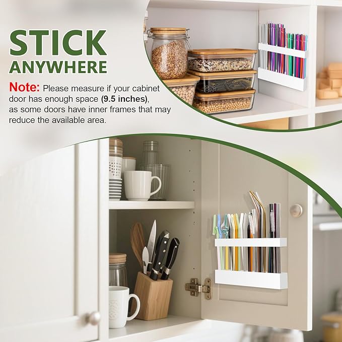 Acrylic Straw Holder for Cabinet Door - Reusable Tumbler Straw Organizer Storage, Small Kitchen Accessories Container, Ultra Sticky Cupboard Door Mounted (White, Large 9.5" (Most Cabinets))