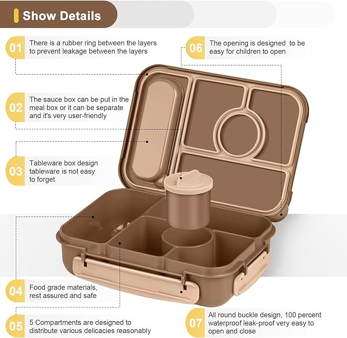 Amathley Bento Box Adult Lunch Box Kids,Lunch Containers for Adults/Kids/Toddler,5 Compartments Bento Lunch Box with Sauce Vontainers,Microwave & Dishwasher & Freezer Safe,BPA-Free (Brown)