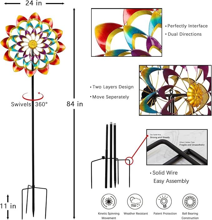 Yard Garden Wind Spinner - Kinetic Large Wind Sculptures & Spinners Outdoor Metal Clearance, Colorful Garden Decor Windmills for Lawn Patio (24" W x 84" H)