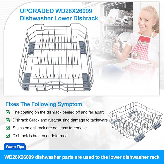 UPGRADED WD28X34744 WD28X26099 WD28X28918 WD28X22659 GDF510PSM0SS Dishwasher Lower Rack Compatible with GE Dishwasher Rack Parts WD28X34744 GDF510PSD1SS GE Dishwasher Rack Replacement Part with Wheel