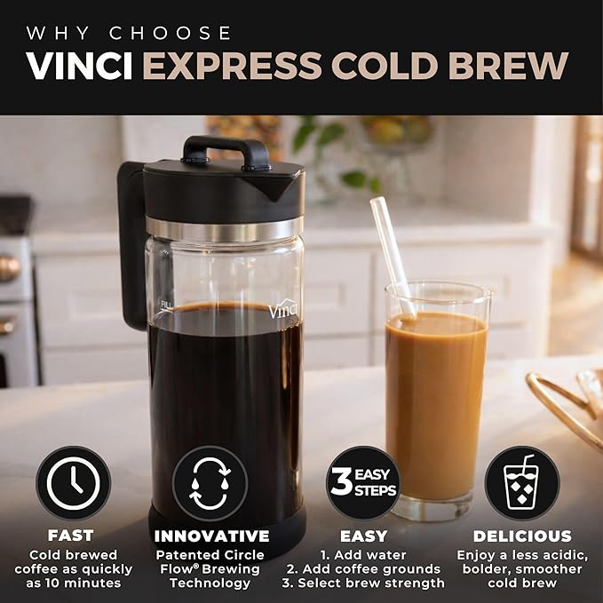 VINCI Express Cold Brew, Electric Cold Brew Coffee Maker in 10 minutes, 3 Brew Strength Settings & Cleaning Cycle, Easy to Use & Clean, Glass Carafe (2.0 Liters / 68 Fl.oz) Capacity