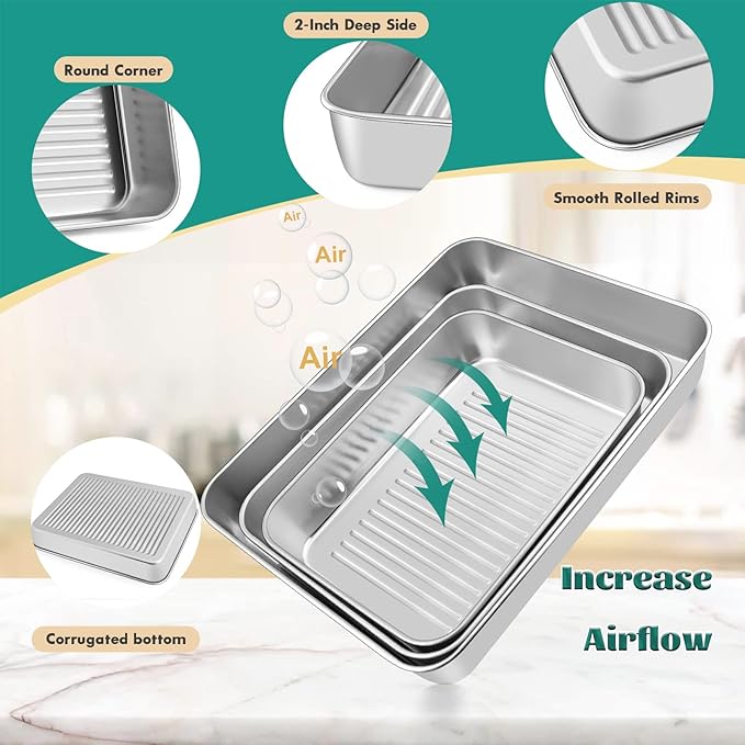 Baking Pans Set of 3, E-far Stainless Steel Sheet Cake Pan for Oven - 12.5/10.5/9.4Inch, Rectangle Textured Pan Tray Set for Lasagna Brownie Casserole Cookie, Non-toxic & Healthy, Dishwasher Safe