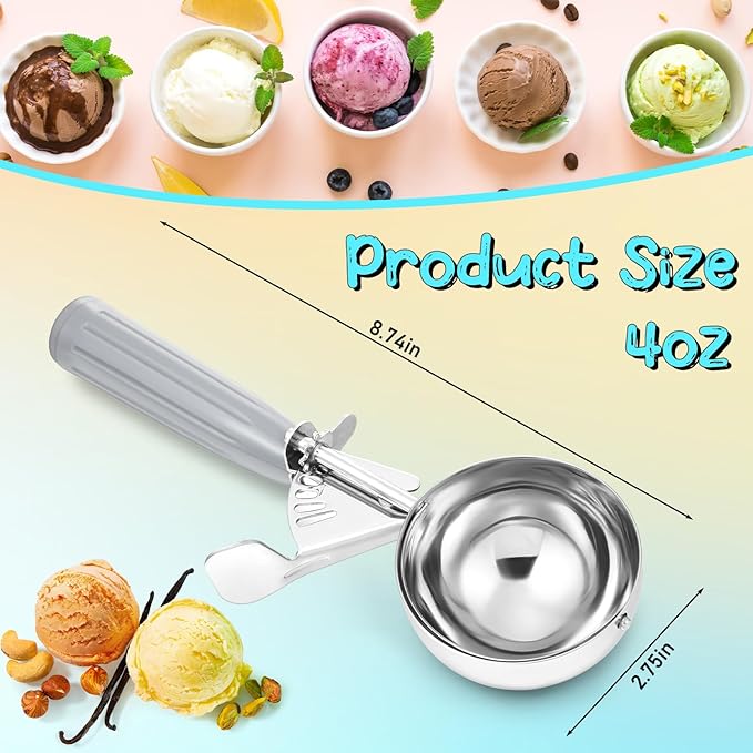 Reallnaive 1 Pcs Release Cookie Scoops Ice Cream Scooper with Trigger Release Portion Scoop Stainless Steel for Portion Control, Baking Food, Cookie Dough (4 oz,Gray)