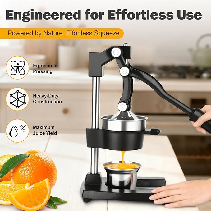 Manual Cast Iron Juicer with Stainless Steel Cup -Heavy-Duty Lemon Squeezer for Maximum Juice Yield & Effortless Cleaning Dishwasher Safe Ideal for Home Kitchens, Restaurants & Lemonade Stands