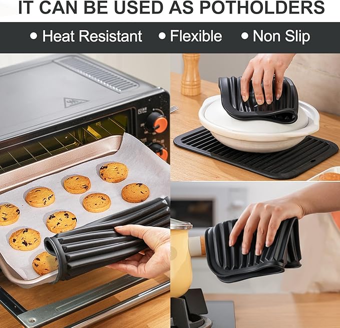 9"x12" Large Silicone Trivets for Hot Pots and Pans, Hot Dishes, 2 Non Slip Heat Resistant Mats for Countertop Table, Silicone Pot Holders Hot Pads for Kitchen, Food Grade & BPA Free, Black