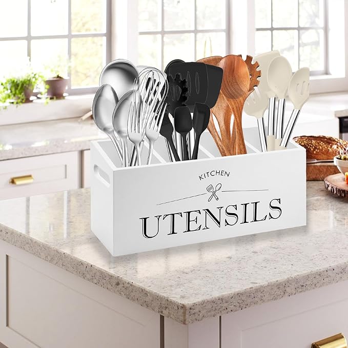Kitchen Utensil Holder with 4 Compartments, Wooden Utensil Organizer for Countertop, Ideal for Storage and Organization, Rustic Cooking Utensil Kitchen Tool, White