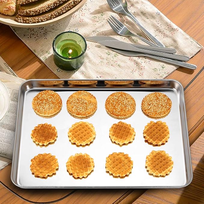 Baking Sheet Set of 5, Stainless Steel 5 Piece Cookie Sheet, Toaster Oven Baking Pan Set, Rectangle Size 16 x 12 x 1 inch, Healthy, Mirror Finish, Rust Free, Dishwasher Safe