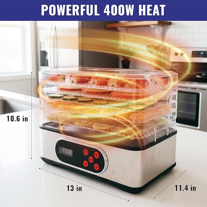 Food Dehydrator Machine, Stainless Steel Dehydrater for Fruit Herb,5 Stackable Trays, Digital Adjustable Timer & Temperature Control, Dehydrator for Beef,Meat, Fruits, Mushroom, Dog Treats
