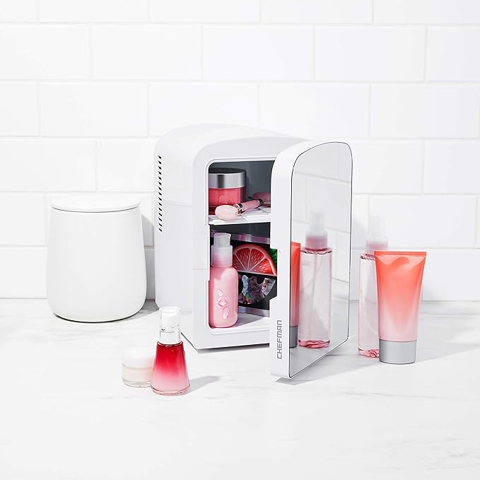 Chefman - Iceman Portable Mirrored Personal Fridge 4L Mini Refrigerator, Skin Care, Makeup Storage, Beauty, Serums & Face Masks, Small For Desktop Or Travel, Cool & Heat, Cosmetic Application, White