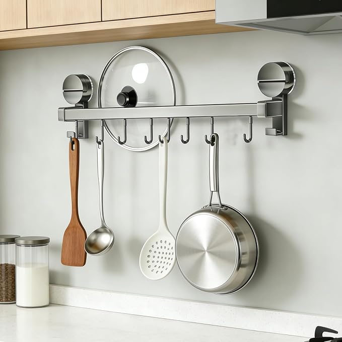 Wall Mounted Utensil Hook Rack with 8 Hooks, No Drill Installation, Space Gray Finish, Kitchen Organizer for Coats, Bags, and Accessories，Suction Cup Storage (1Pack)