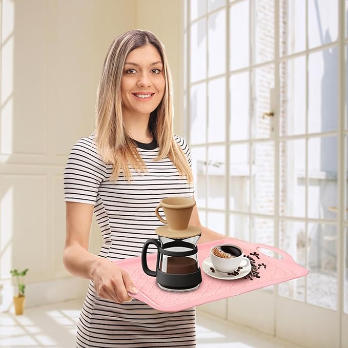 LEHAHA Large Non Slip Serving Tray with Handles, 17.25 x 12 Inch Melamine Serving Platter with Curved Sides, Dinner Tray for Lunch, Coffee, or Breakfast, 4pcs Set, Silicone placemats Included,Pink
