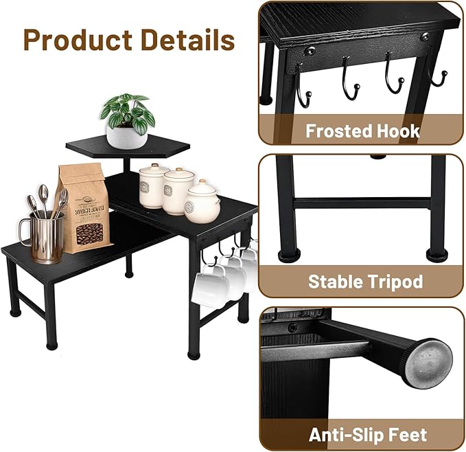 Counter Organizer Shelf, 3 Tier Moveable Black Corner Shelf Organizer with Hook, Counter Shelf for Kitchen Bathroom Spice Rack Coffee Area Over Sink Dresser Table (Black)