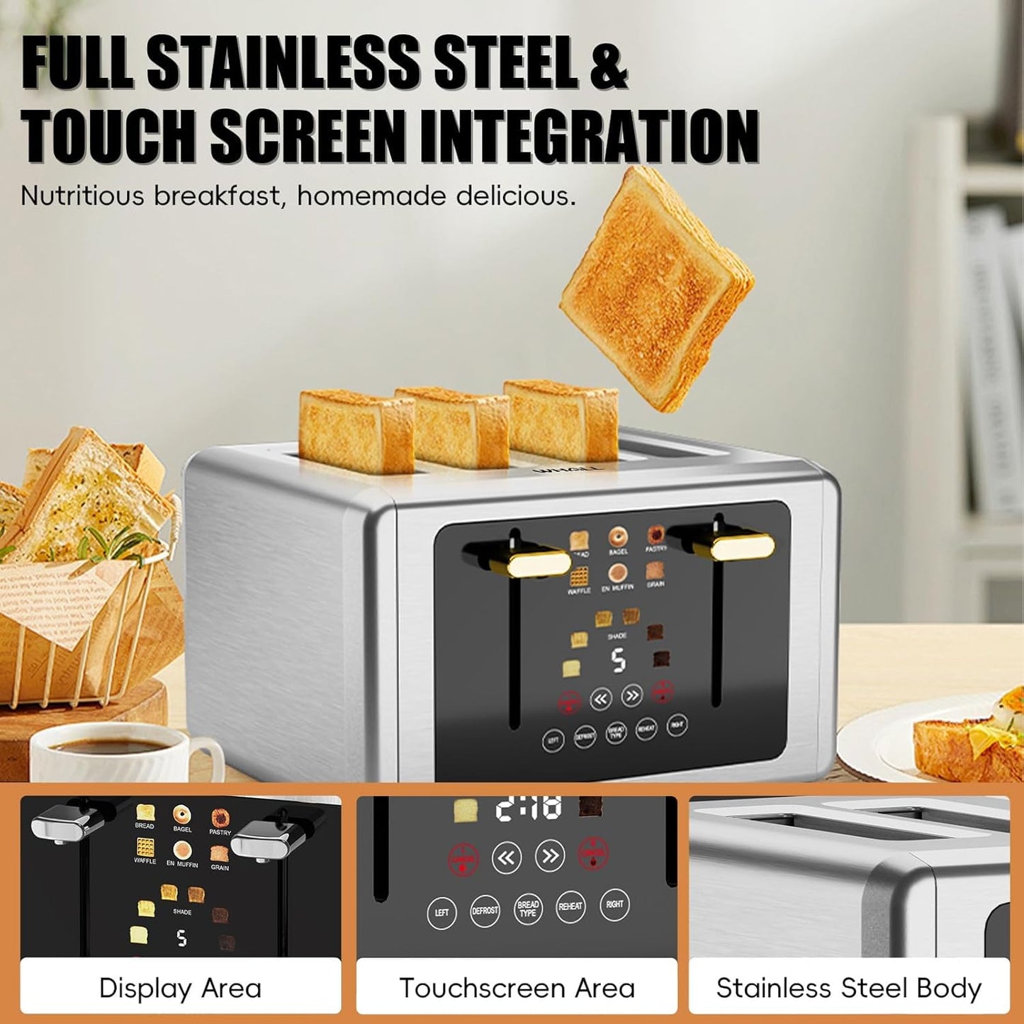 whall 4 Slice Touch Screen Toaster, Stainless Steel Toasters Digital Timer, Dual Control Panel Toasters，6 Shade Settings＆6 Bread Types, Smart Wide Slots, Bagel, Cancel, Defrost,Flat lever White