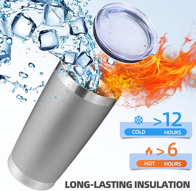 Volhoply 20oz Stainless Steel Tumbler with Lid and Straw Bulk 4 Pack,Double Wall Insulated Travel Iced Coffee Mug Fits Cup Holder,Powder Coated Cups for Hot/Cold Drinks,Christmas Gifts（Gray,4 Set）