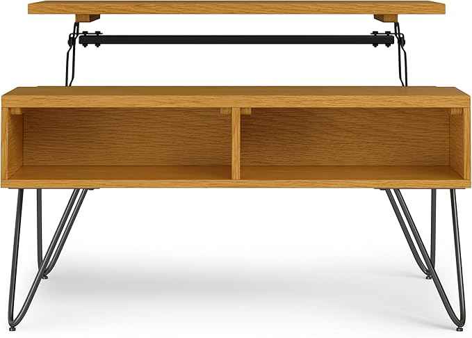 SIMPLIHOME Hunter Small Lift Top Coffee Table - 36 inch Wide Oak Veneer and Metal Industrial Cocktail Table in Oak, Living Room Table with Hidden Storage, 2 Cubbies, and Hairpin Legs
