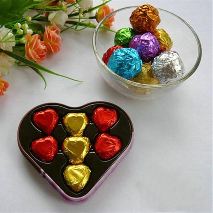 PABCK 500 Pcs 5 Colors Chocolate Candy Wrappers Aluminium Foil Wrapping Papers Square Sweets Lolly Paper Food Tin Foil Wrapper for Candy Packaging Decoration (3.15x3.15 inches)