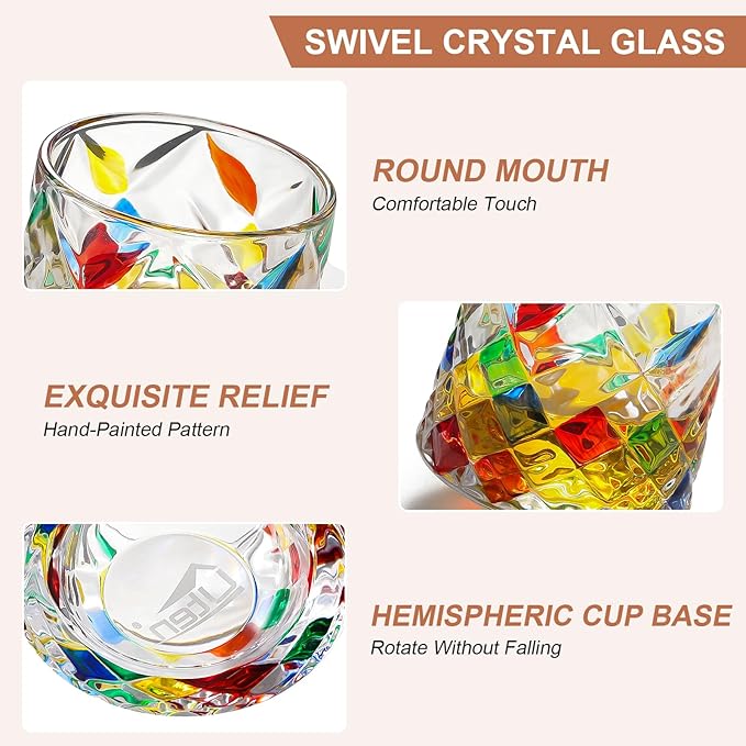 Rotatable Old Fashioned Glass, 275ml/10oz Crystal Whiskey Glass Set of 4, Wood Coaster, Thickening, Used as Rum Glass, Cocktail Cup, Coffee Cup, Milk Cup to Relax and Reduce Stress, Christmas gifts