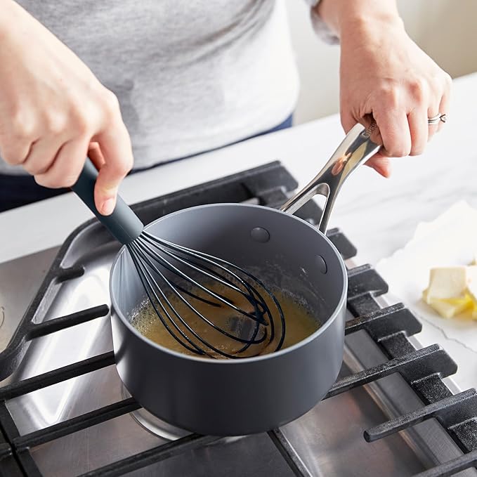 GreenPan Silicone Whisk, Mixing Blending Beating Stirring Cooking Kitchen Utensil, Flexible Rubber Nonstick Cookware, Rigid Steel Core, Heat-Resistant, Anti-Slip Handle, BPA-Free Dishwasher Safe, Gray
