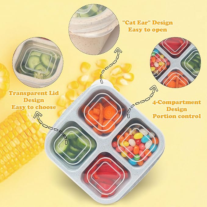 6 Pack Snack Containers, 4 Compartment Snack Box Containers Bento Box, Reusable Meal Prep Lunch Containers for Adults Kids Toddler, Divided Food Containers for Travel Work School