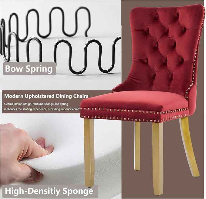 Velvet Dining Chairs Set of 4, Modern Tufted Dining Room Chair, Upholstered Dining Chairs with Lion Head Pulls Ring and Golden Solid Wood Legs, Luxury Kitchen Chairs for Dining Room, Burgundy