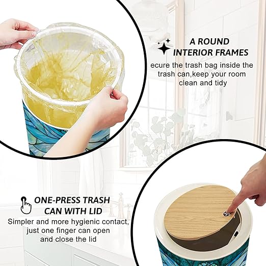 Trash Can with Lid Delicate Flower Fairy Teal Stained Glass Art Press Top Round Small Garbage Bin with Wooden Legs Waste Basket for Kitchen Bedroom Nursery 7L/1.8 Gallon