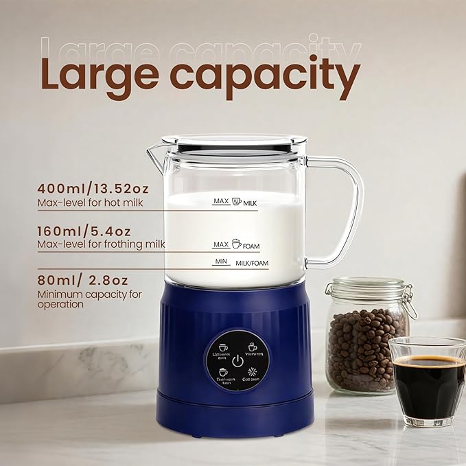 Casimhu 4-in-1 Milk Frother, Electric Milk Frother and Steamer with LED Touch Screen, Ceramic Lining Bottom, Milk Warmer 13.52oz for Lattes, Cappuccinos, and Macchiatos at Home (Navy blue)