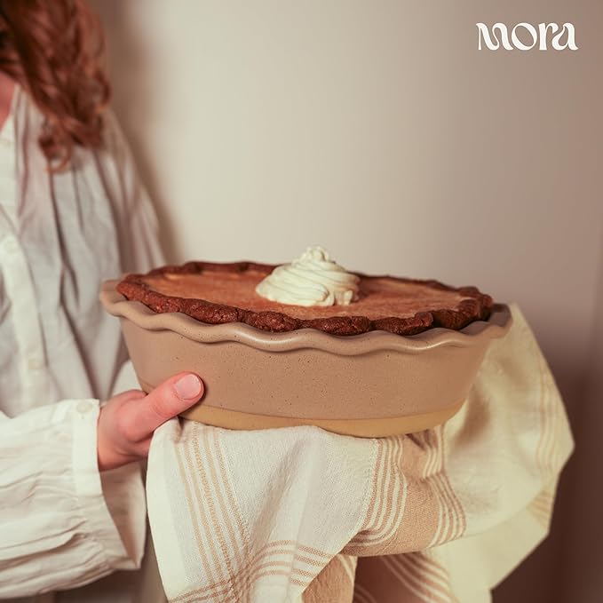 MORA Ceramic Pie Pan for Baking - 9 inch - Deep and Fluted Pie Dish for Old Fashion Apple Pie, Quiche, Pot Pies, Tart, etc - Modern Farmhouse Style Porcelain Ceramic Pie Plate - Mushroom