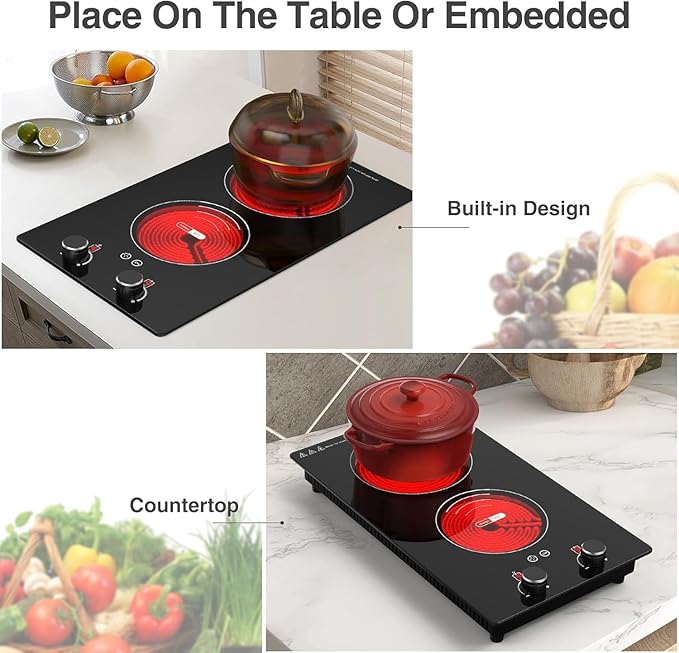 VBGK Electric Cooktop,110V 2400W Electric Stove Top with Knob Control,9 Power Levels, Kids Lock & Timer,LED touch control,Overheat Protection Electric stove,24 Inch desktop 2 burner