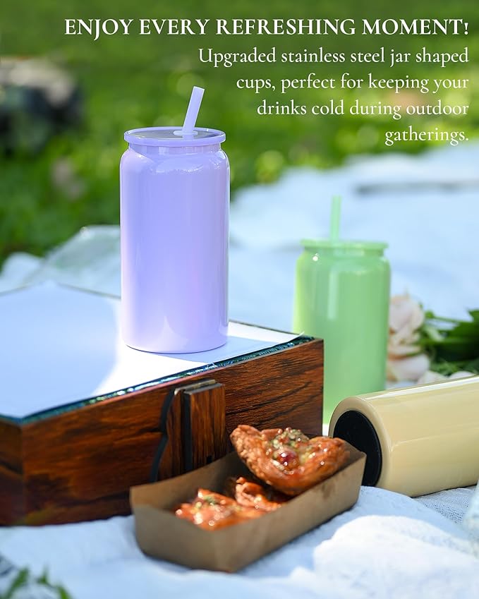 Glass Cups with Lids and Straws, 16oz Stainless Steels Cups, Beer Cups, Iced Coffee Cup, Smoothie Cup, Sublimation Tumbler, Yellow (Smooth Polished Finish, Sublimatable)