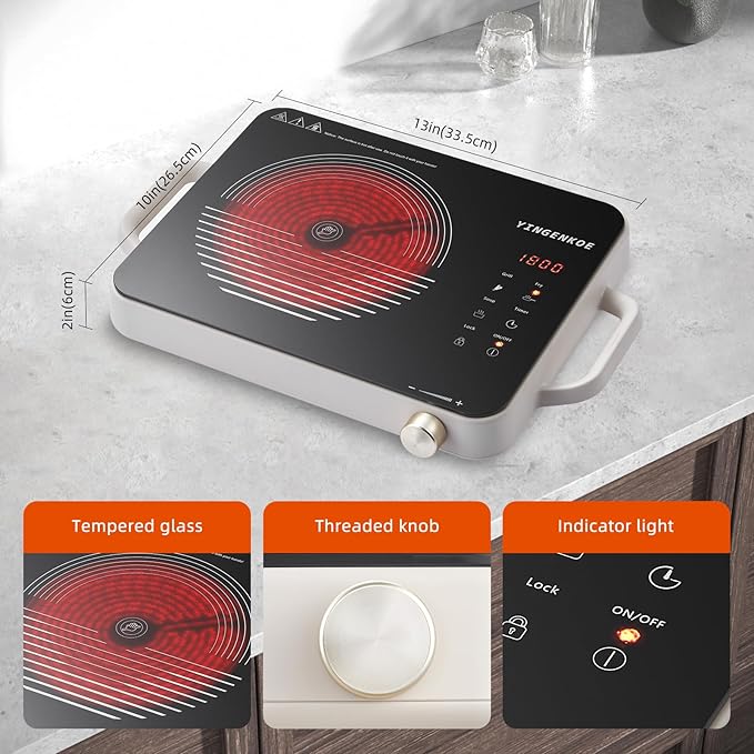 Electric Burner 1800W Hot Plate with 7.5" Ceramic Glass Cooktop Up Quickly for Easy Cleaning Electric Stove Compatible with All Cookware Suitable for Picnics, Mocha