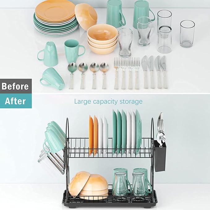 Black Multifunctional Kitchen Bowls and Chopsticks Drain Rack Iron Wire Large Capacity Kitchen Utensils Sink Storage Rack Space-Saving