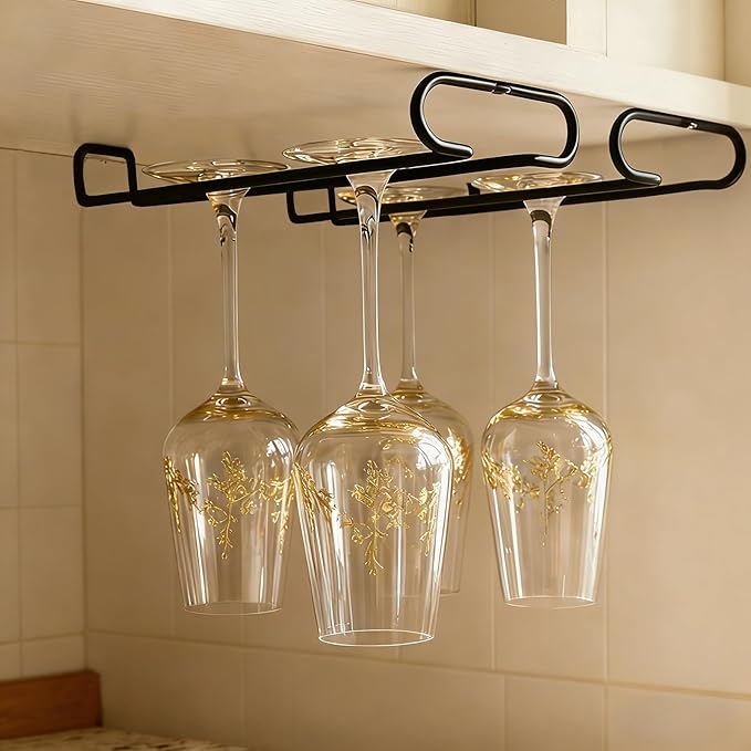 GeLive Set of 4 Cabinet Stemware Rack 10 Inch Under Shelf Wine Glass Holder Storage Hanger Organizer for Kitchen and Bar (Black)