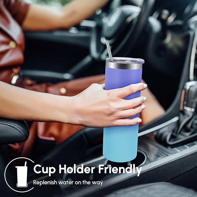 Volhoply 4 Pack Skinny Tumblers with Lid and Straw, 20oz Stainless Steel Straight Tumbler Bulk, Vacuum Insulated Coffee Mug for Home, Office, Travel, DIY (Purple Bule,4 Pack)