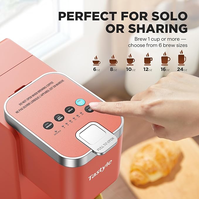 Tastyle Single Serve Coffee Maker, Iced and Hot Coffee Machine for K Cup & Grounds, Compact Design, 40oz Removable Water Reservoir, 6 to 24 Oz Brew Sizes, Fits 7.3" Travel Mug, Salmon