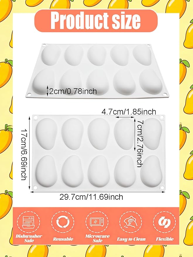10 Cavity Silicone Mango Molds - Mangos Fruit Shaped Fondant Mold for Chocolate, Candy, Ice Cream, Mousse Cake, Soap, Resin, Lotion Bar, Ice Cube (Mango)