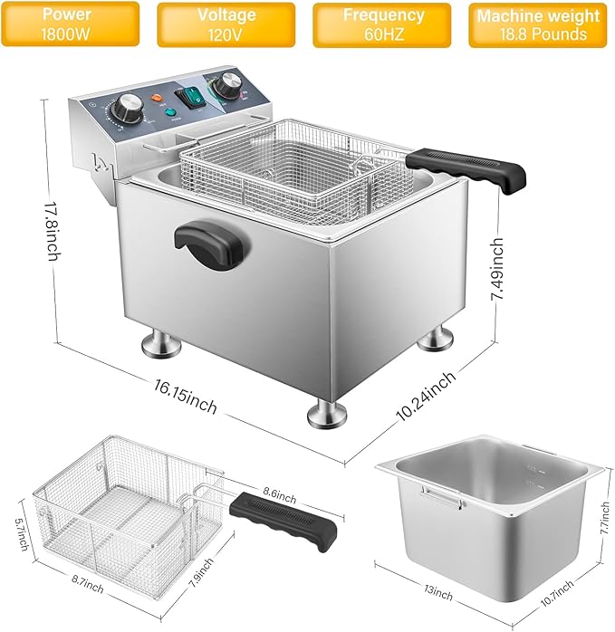 WaterElfo Electric Deep Fryer - 13L 13.7QT Commercial Deep Fryer 1800W 120V18.7Pounds withTroperature Control and Timer Large Basket Fryer for Commercial and Domestic Kitchens